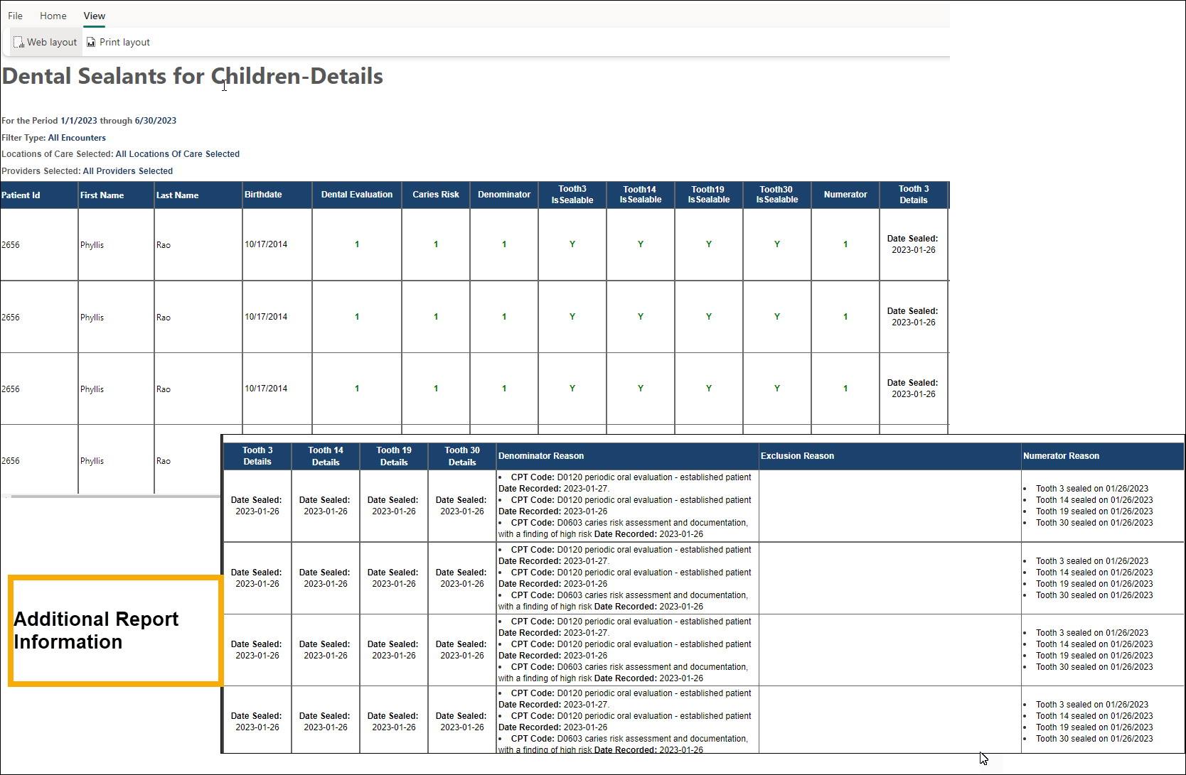 Example Dental sealants Details Report showing all encounters for all providers